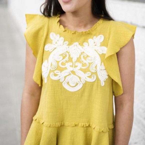 THML Tops - THML embroidered appliqué mustard ruffle top EUC